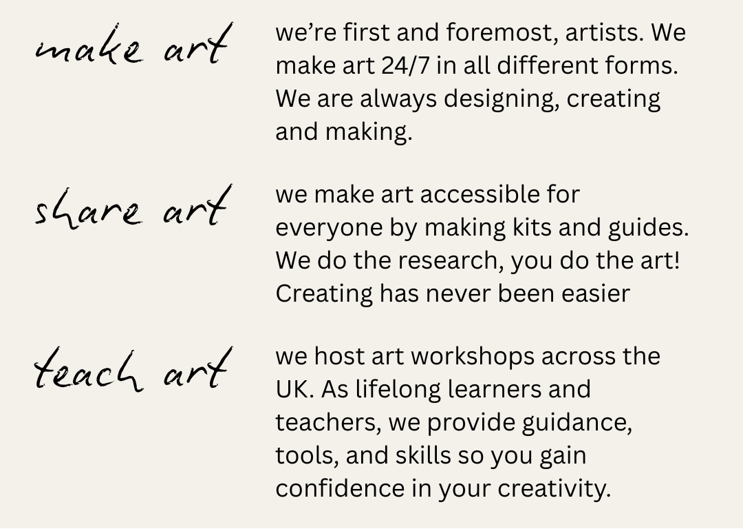 A text-based promotional graphic on a light warm gray background with the heading 'What do we do?' and a circular logo reading 'Crafty Cow Club.' Below, handwritten-style text introduces making, sharing, and teaching art, with descriptive paragraphs about artists, art forms, kits, guides, workshops, and support for learners and teachers.